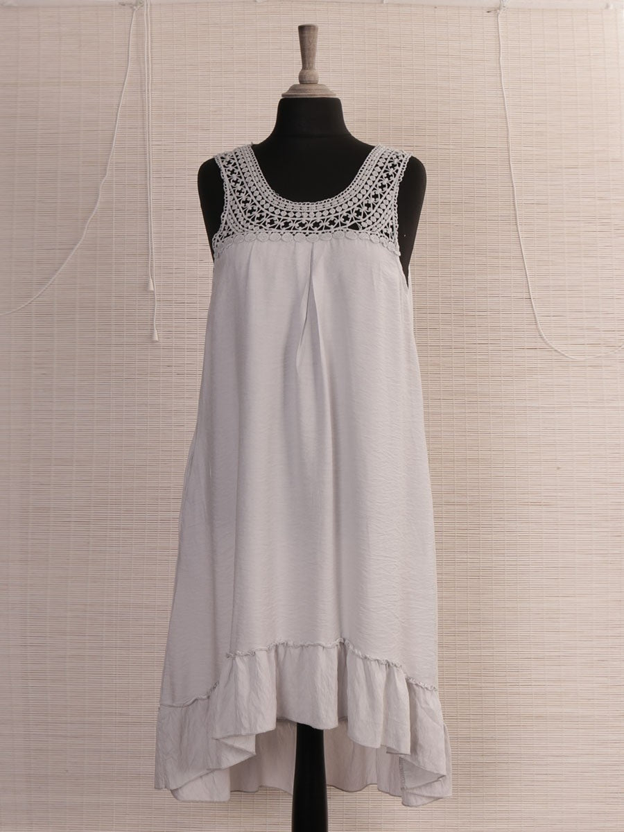 Italian Crochet Neck Frilled Hem Detail Dip Hem Dress - Light Grey