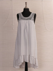 Italian Crochet Neck Frilled Hem Detail Dip Hem Dress - Light Grey