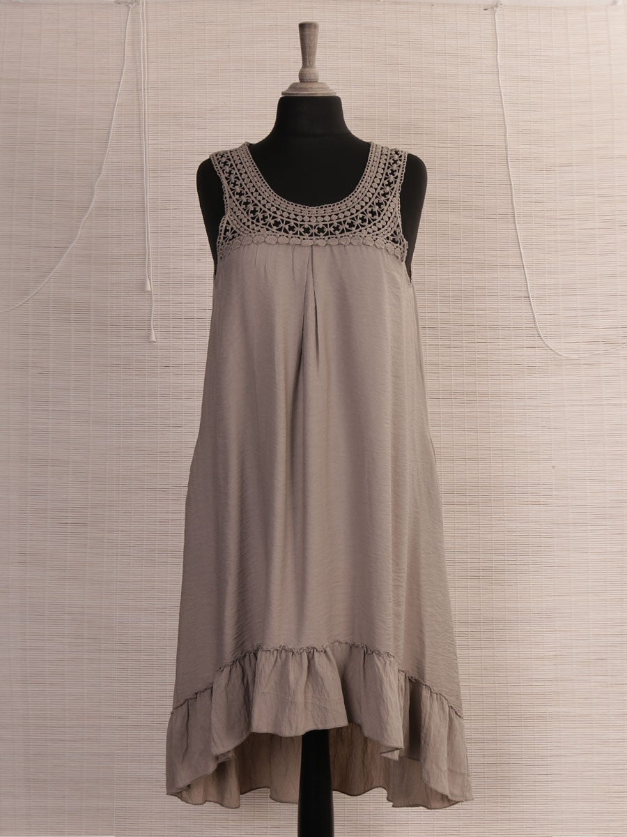 Italian Crochet Neck Frilled Hem Detail Dip Hem Dress