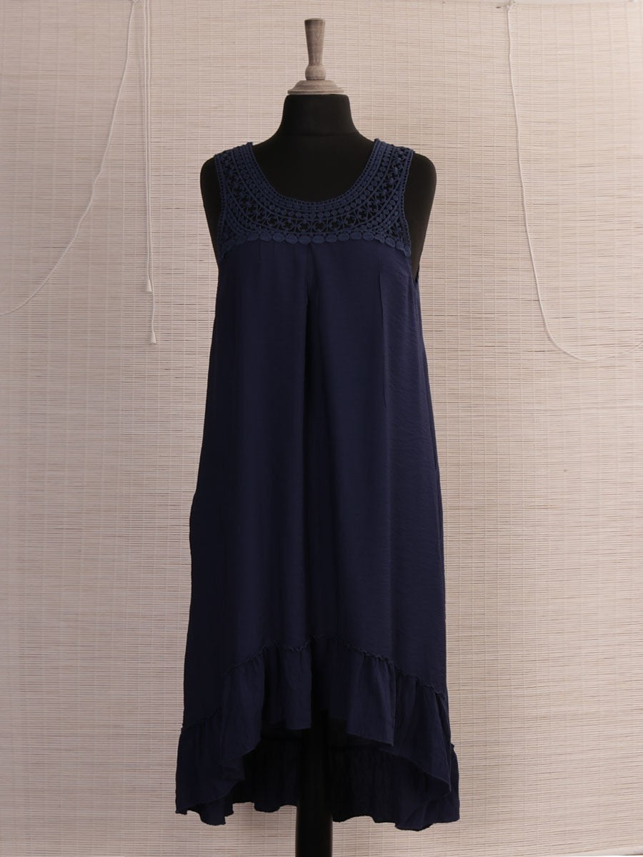 Italian Crochet Neck Frilled Hem Detail Dip Hem Dress - Navy
