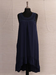 Italian Crochet Neck Frilled Hem Detail Dip Hem Dress - Navy
