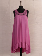 Italian Crochet Neck Frilled Hem Detail Dip Hem Dress - Cerise