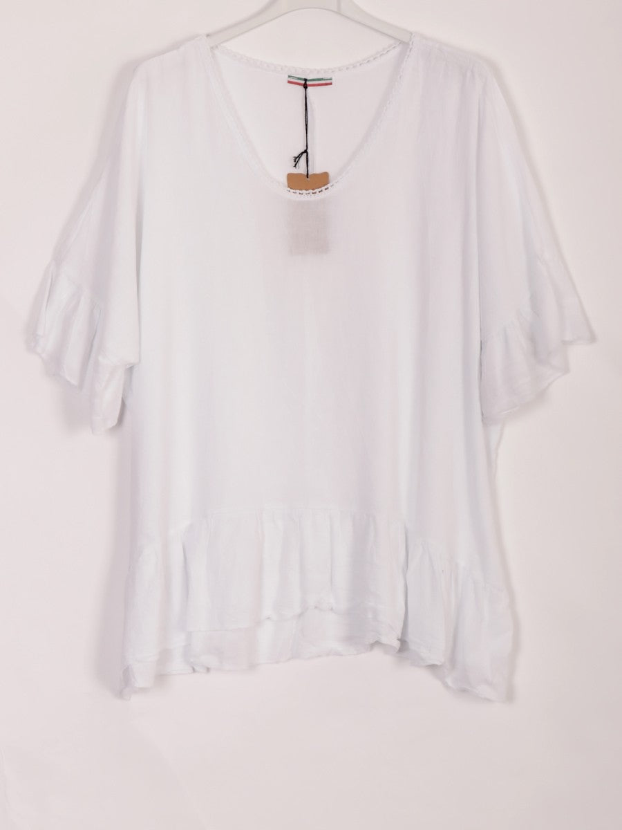 Italian Crochet Neck Linen Batwing Top - White