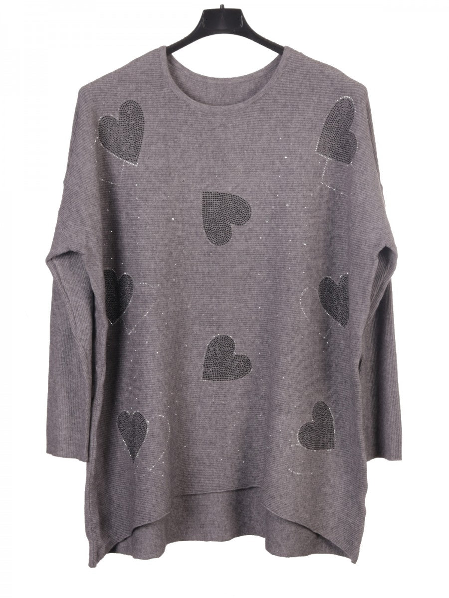 Italian Diamante Heart Detail Ribbed Knitted Jumper - Grey