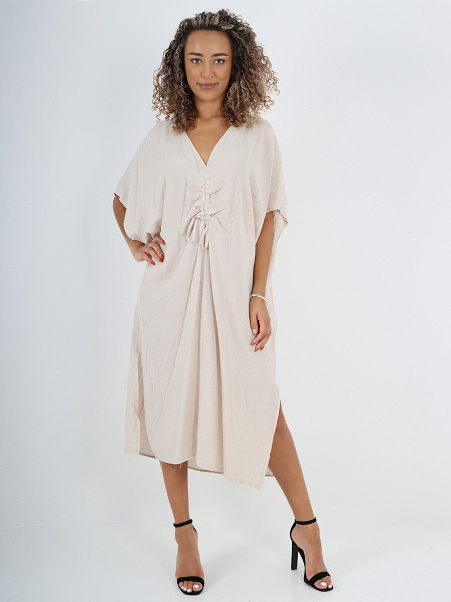 Italian Drawstring Side Split Linen Dress - Beige