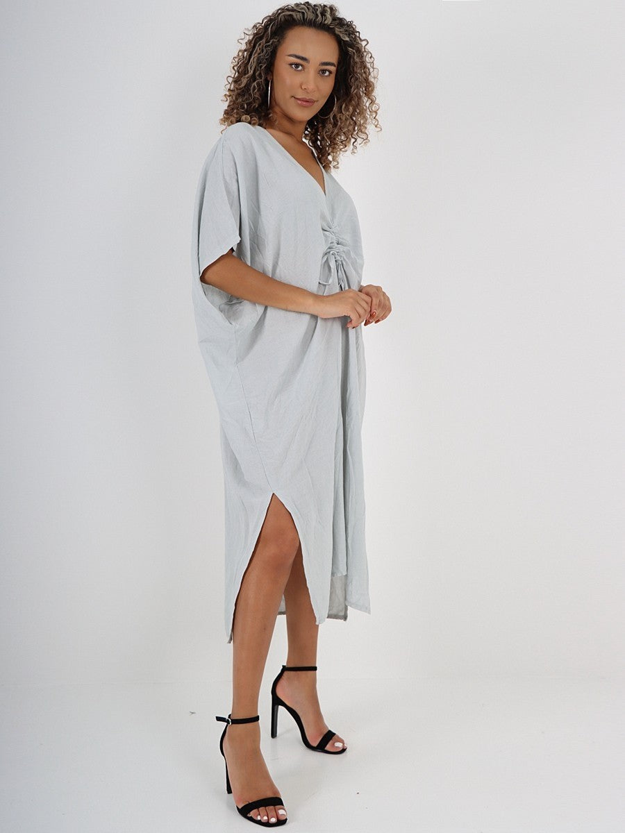 Italian Drawstring Side Split Linen Dress - Light Grey