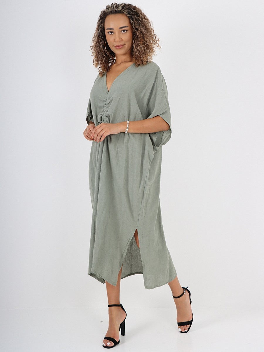 Italian Drawstring Side Split Linen Dress - Khaki
