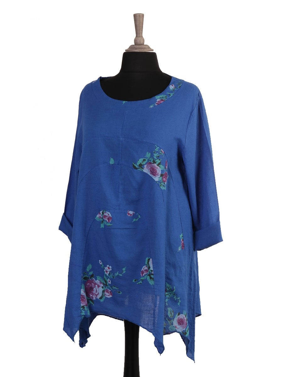 Italian Floral Print Asymmetric Hem Linen Tunic Top - Royal Blue