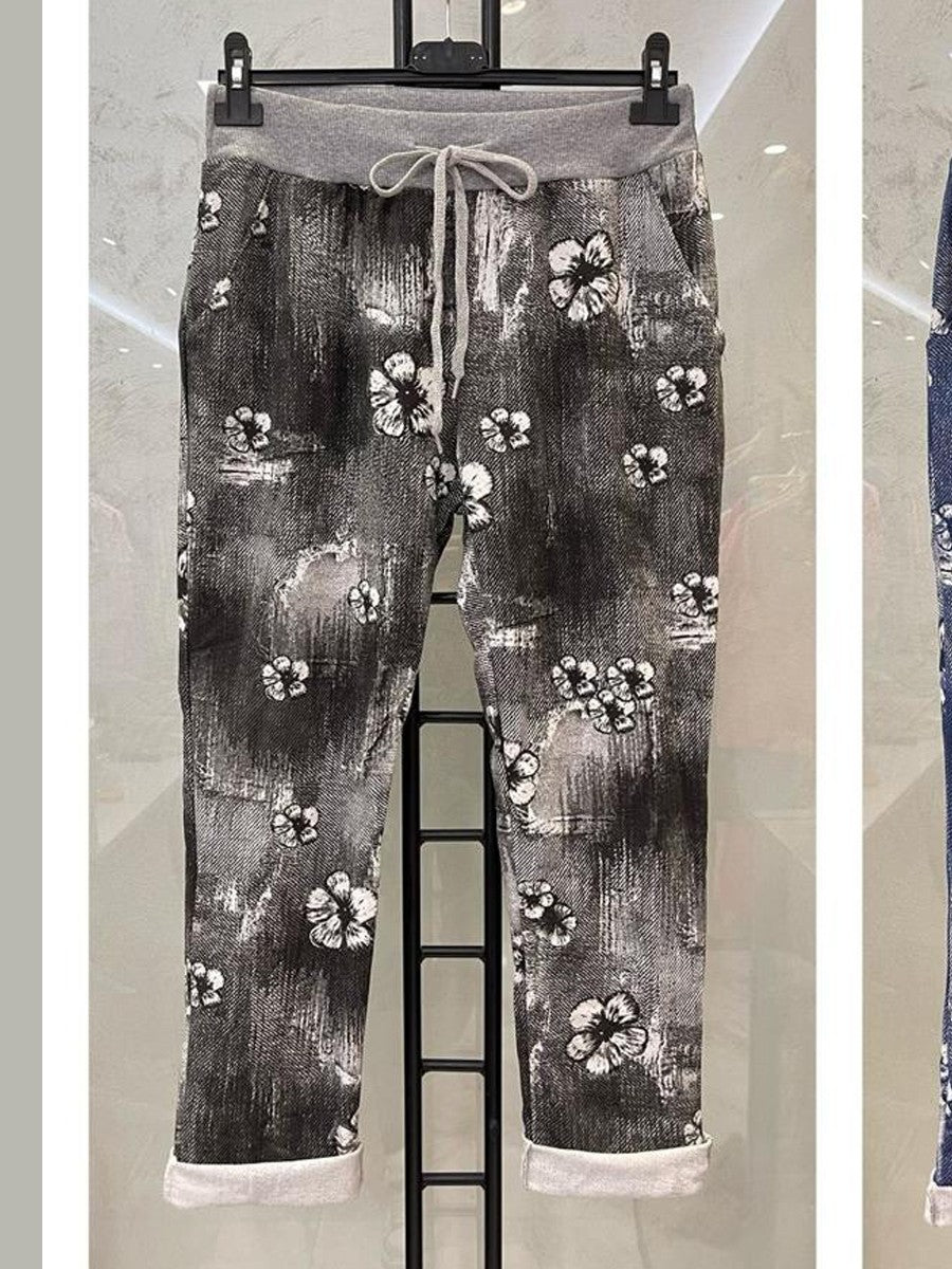 Italian Flower Printed Cotton Trousers -  Black