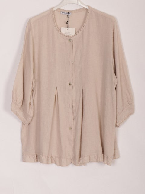 Italian Lace Detail Button Through Linen Top - Beige