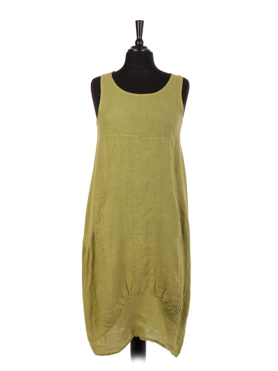 Italian Linen Lagenlook Dress With Side Ribbed Panel - Lime Green