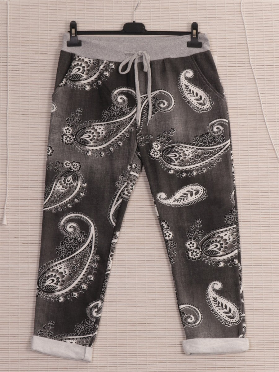 Italian Paisley Print Cotton Trousers -  Black