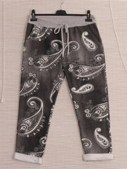 Italian Paisley Print Cotton Trousers -  Black
