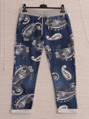 Italian Paisley Print Cotton Trousers -  Denim
