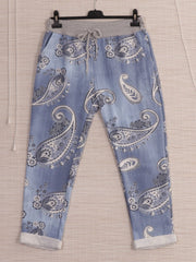 Italian Paisley Print Cotton Trousers -  Light Denim
