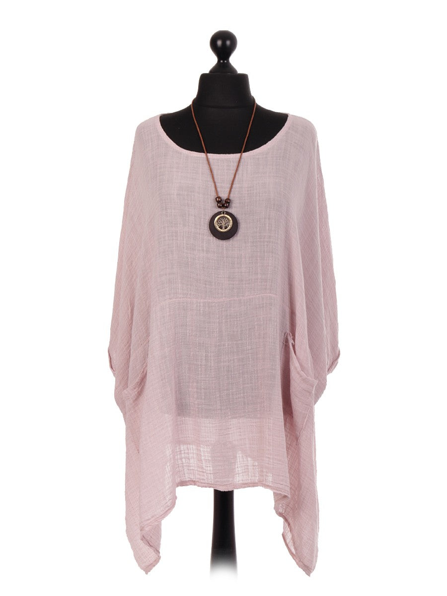 Italian Plain Batwing Top With Front Pockets and Necklace - Pink