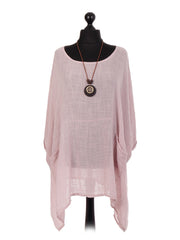 Italian Plain Batwing Top With Front Pockets and Necklace - Pink