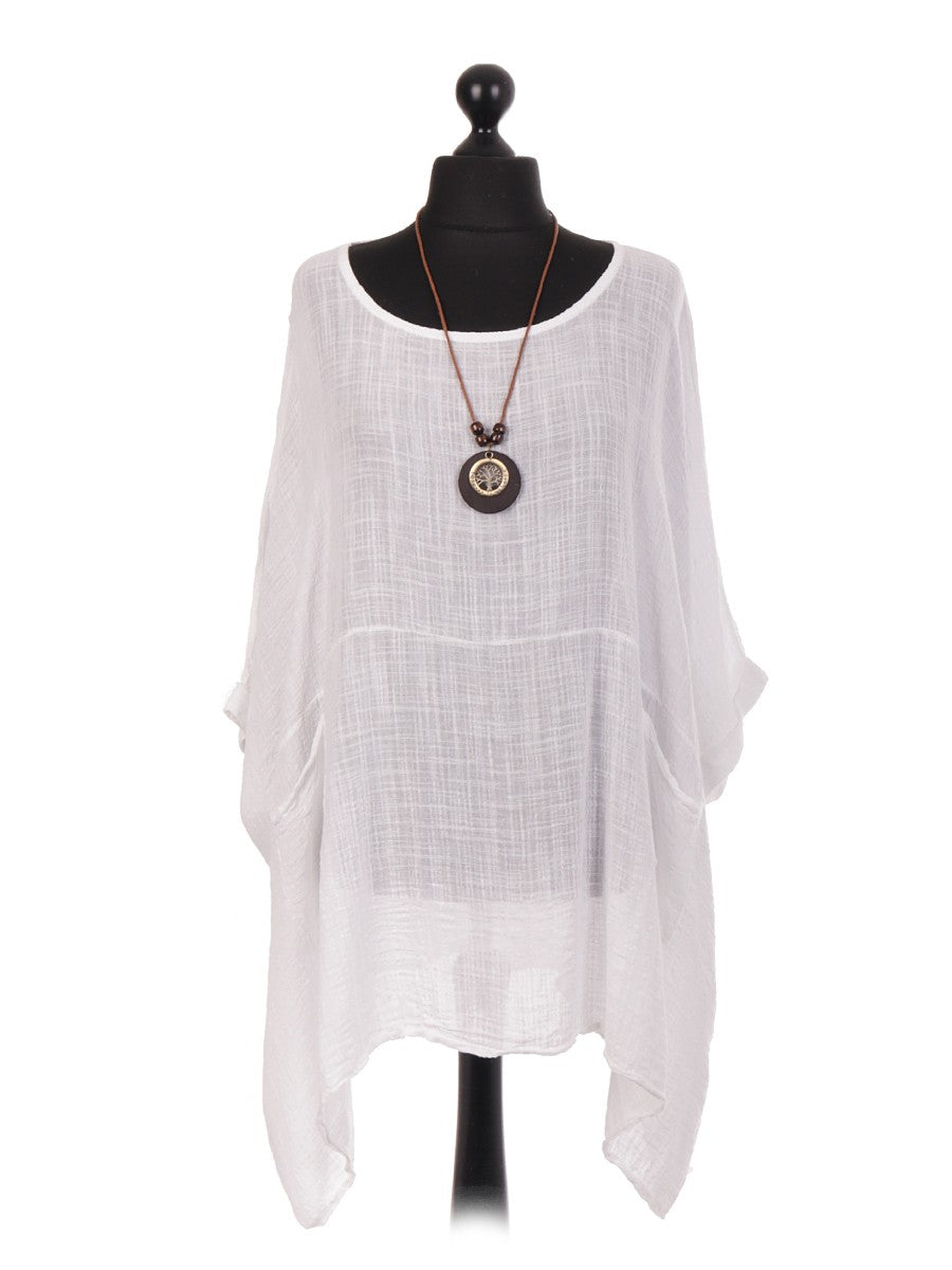 Italian Plain Batwing Top With Front Pockets and Necklace - White