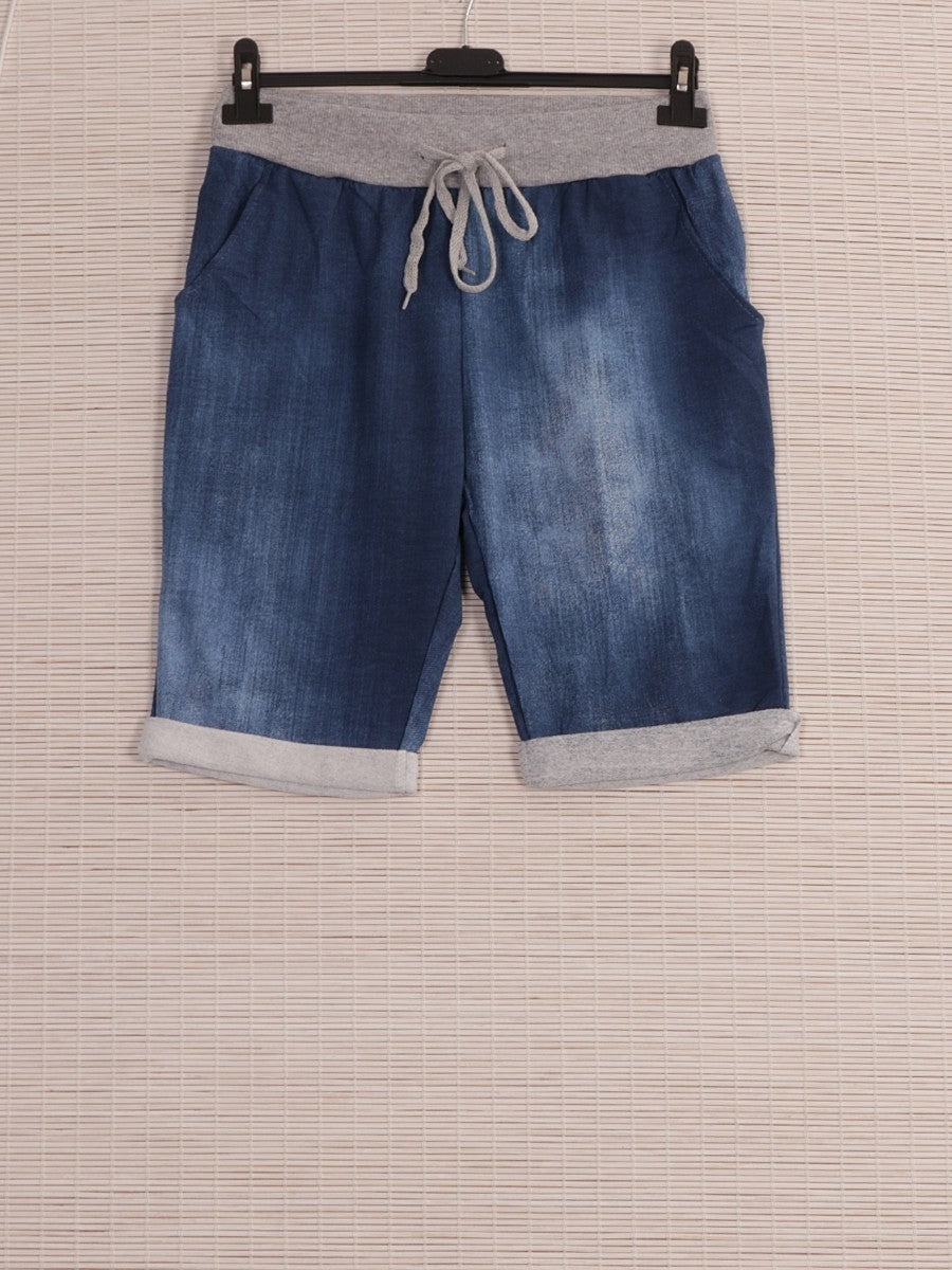 Italian Plain Cotton Shorts -  Denim