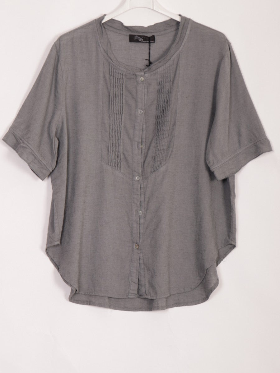 Italian Pleated Front Button Through Linen Blouse - Grey
