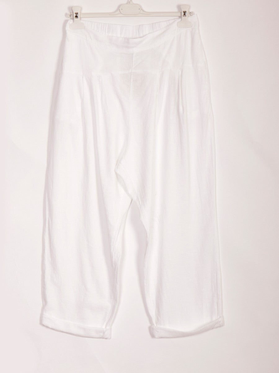 Italian Pleated Relaxed Fit Linen Trousers - White