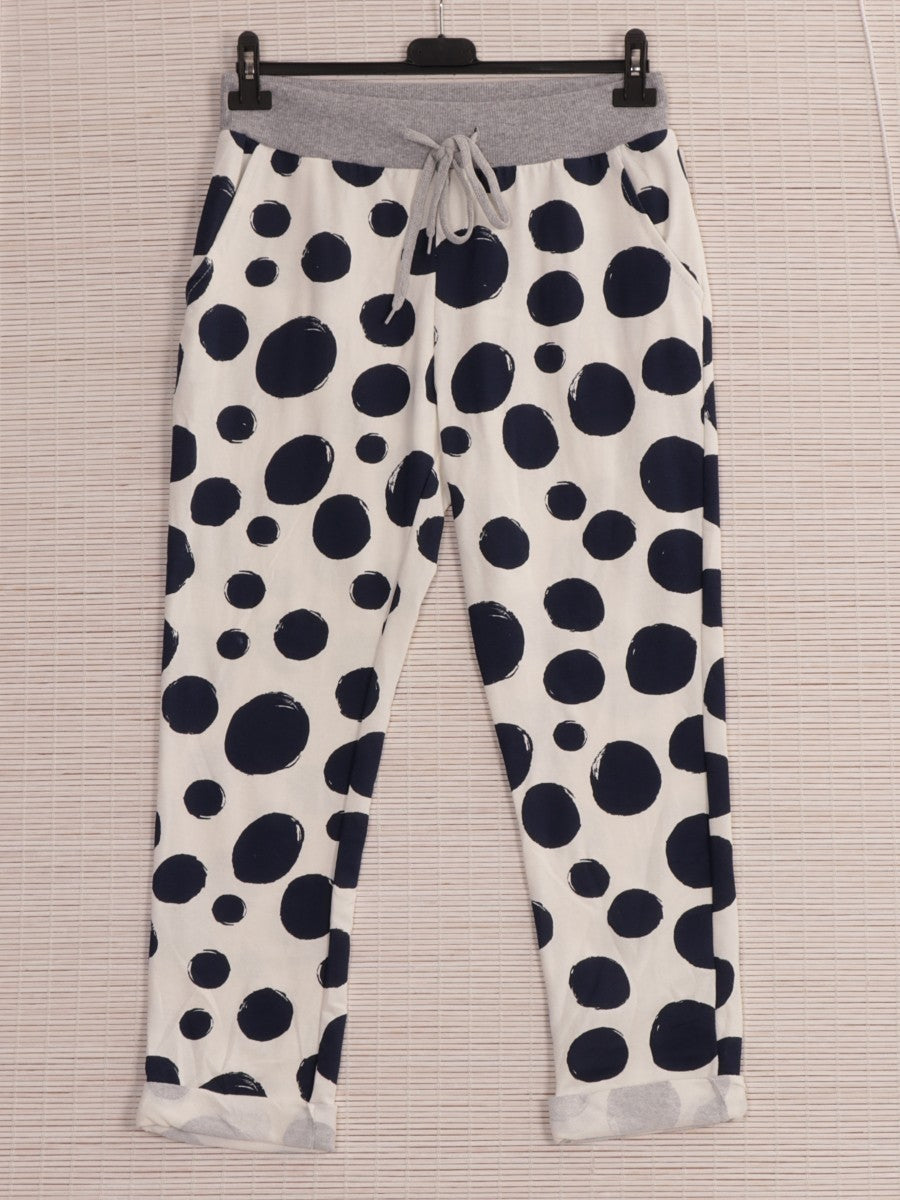 Italian Polka Dot Print Cotton Joggers -  White