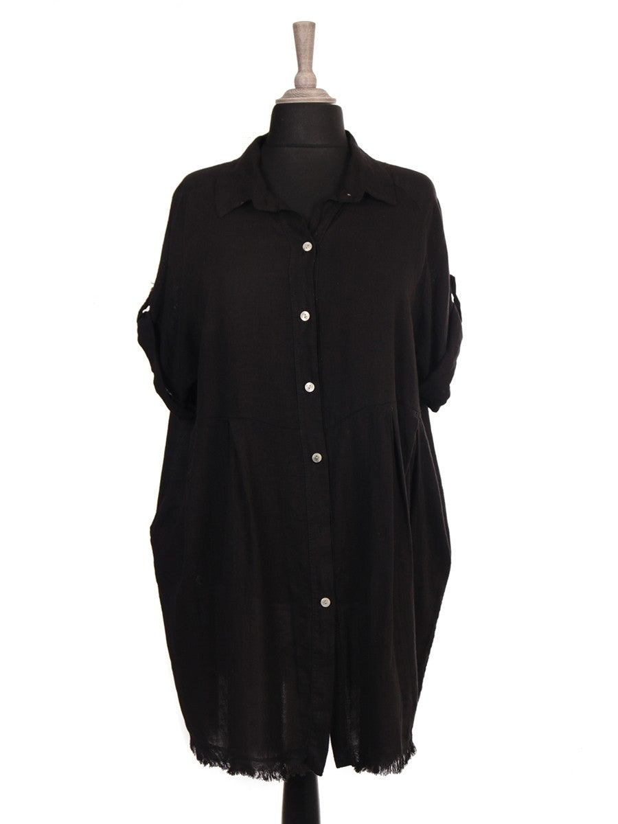 Italian Raw Edge Hem Front Button Panel Top - Black