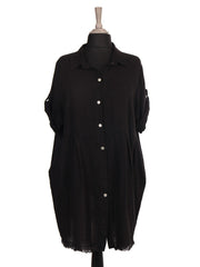 Italian Raw Edge Hem Front Button Panel Top - Black