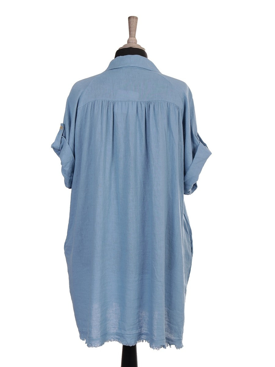 Italian Raw Edge Hem Front Button Panel Top - Denim