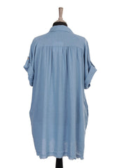 Italian Raw Edge Hem Front Button Panel Top - Denim