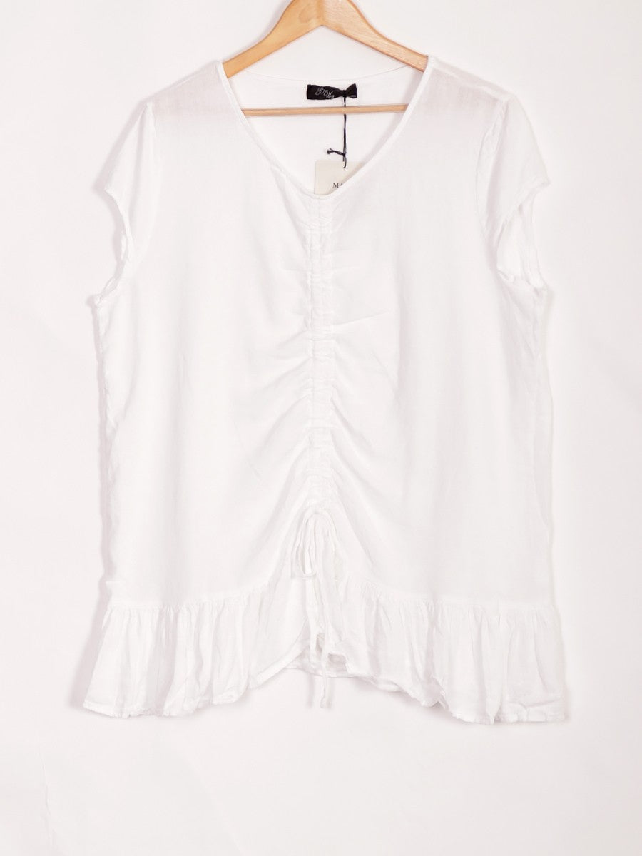Italian Ruched Front Linen Top - White