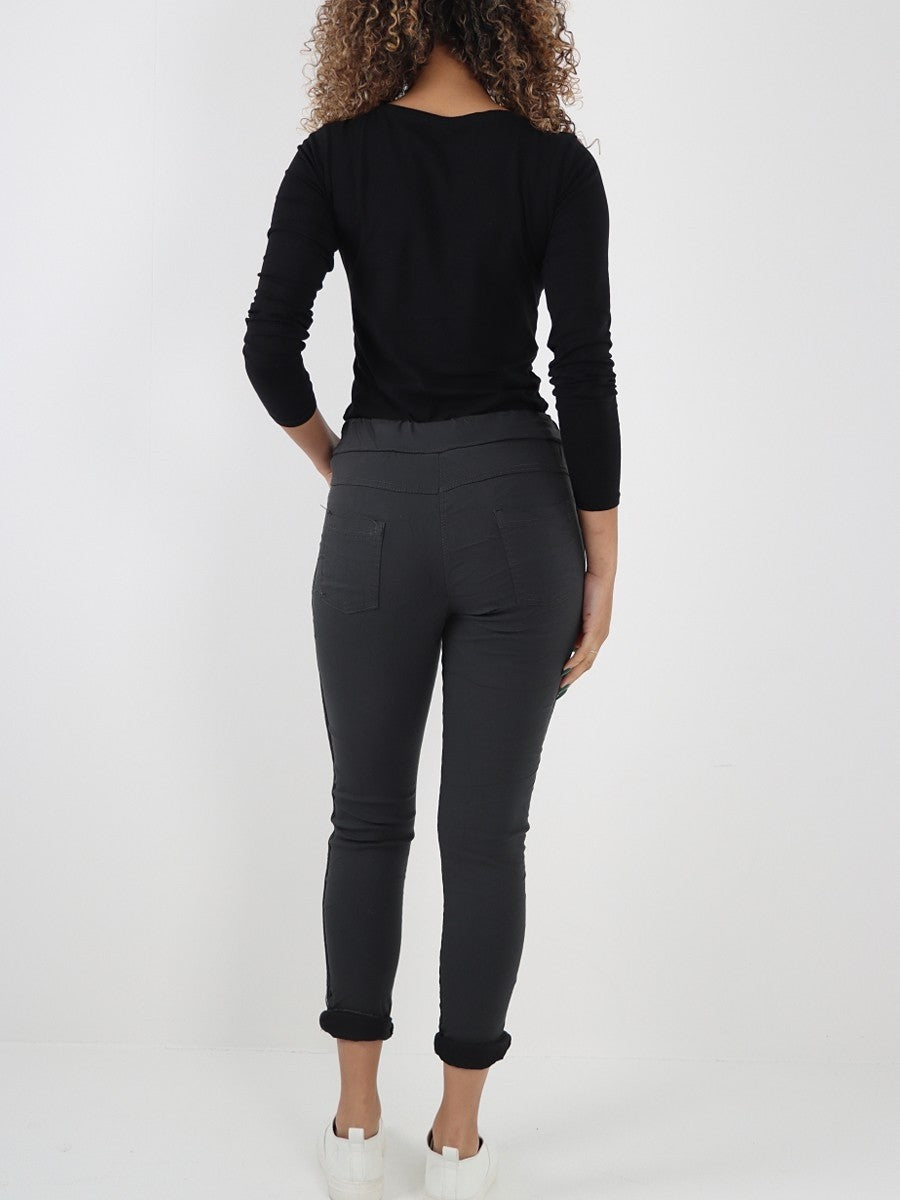 Italian Diamante Stripe Elasticated Trousers - Charcoal