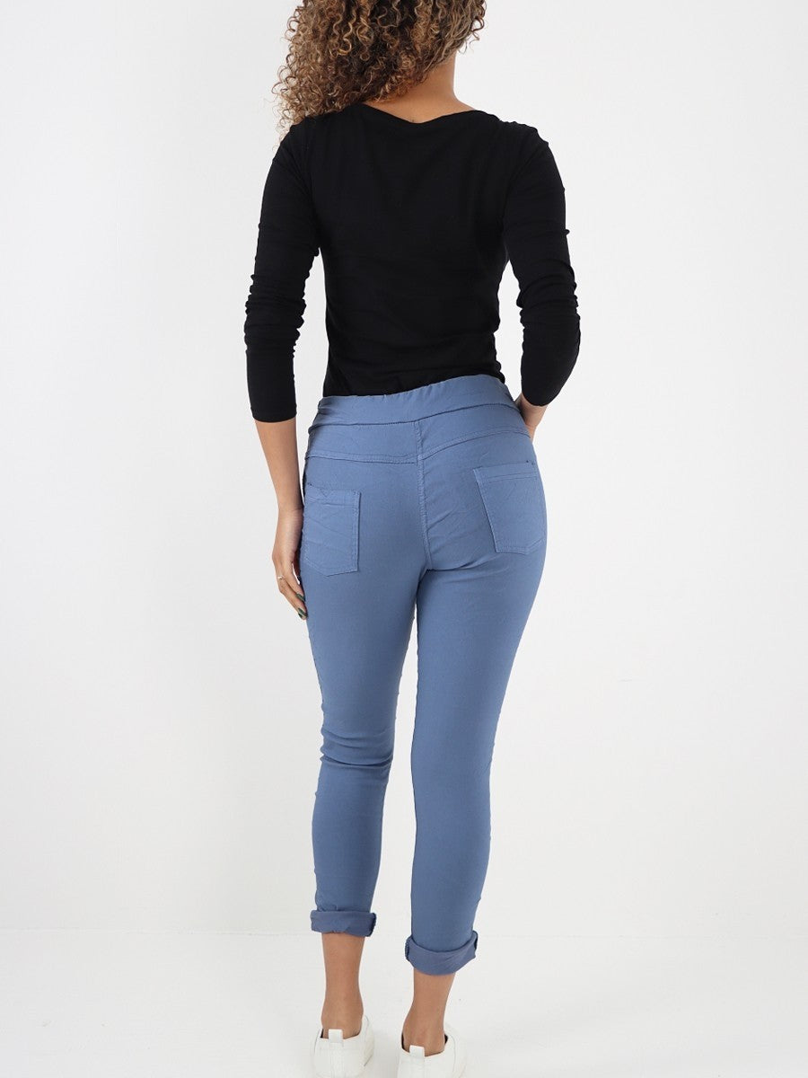 Italian Diamante Stripe Elasticated Trousers - Denim