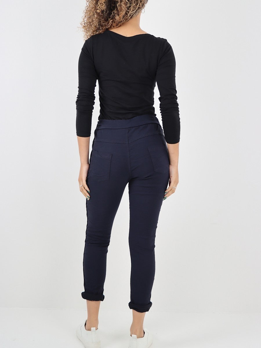 Italian Diamante Stripe Elasticated Trousers - Navy