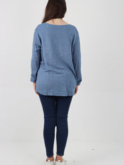Italian Soft Knitted Round Neck Necklace Jumper Top -  Denim