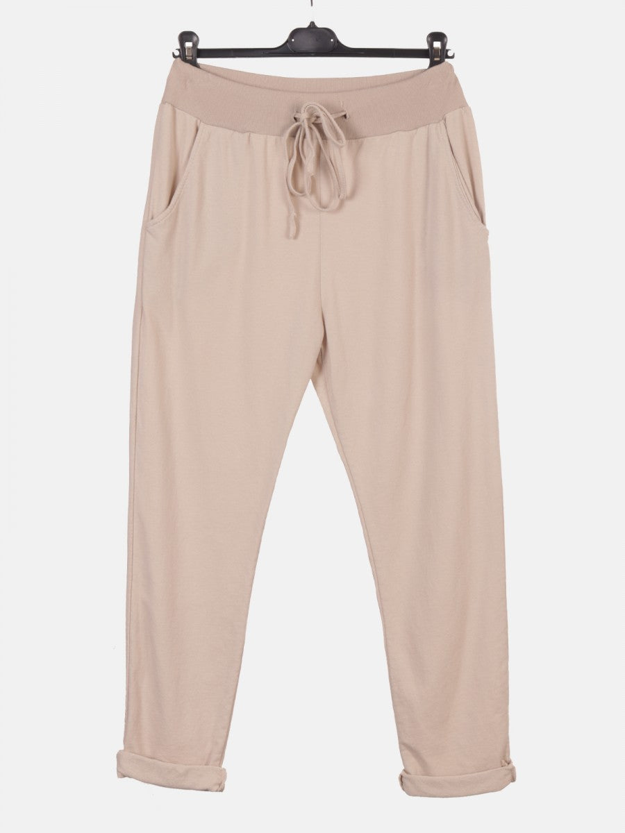 Italian Solid Color Cotton Trousers With Side Pockets -  Beige