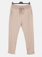 Italian Solid Color Cotton Trousers With Side Pockets -  Beige