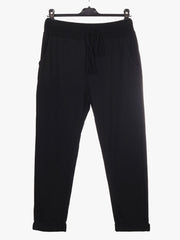 Italian Solid Color Cotton Trousers With Side Pockets -  Black
