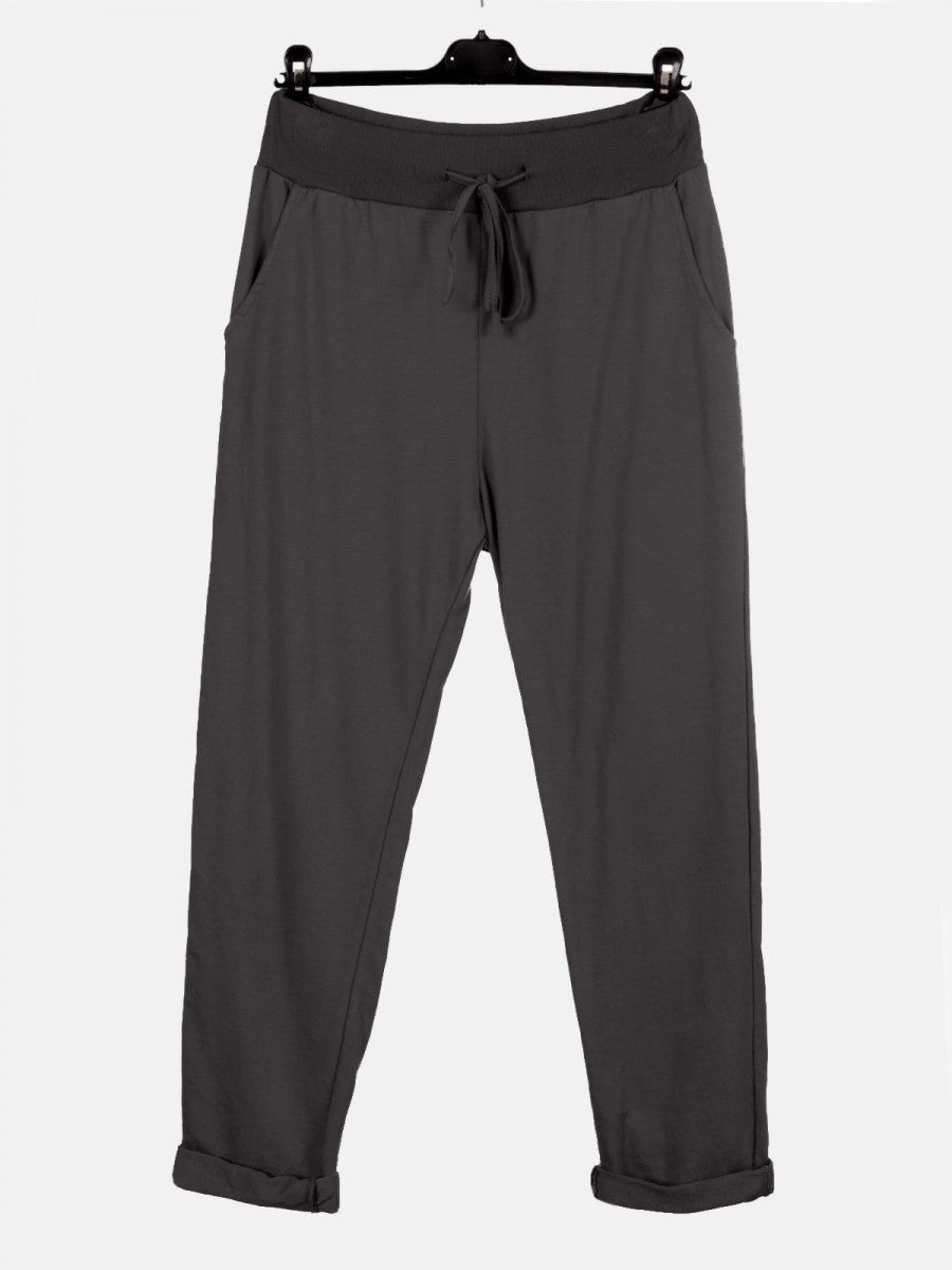 Italian Solid Color Cotton Trousers With Side Pockets -  Charcoal
