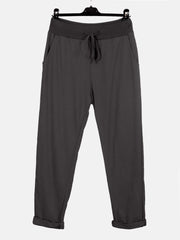 Italian Solid Color Cotton Trousers With Side Pockets -  Charcoal