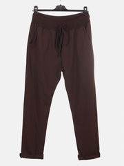 Italian Solid Color Cotton Trousers With Side Pockets -  Chocolate
