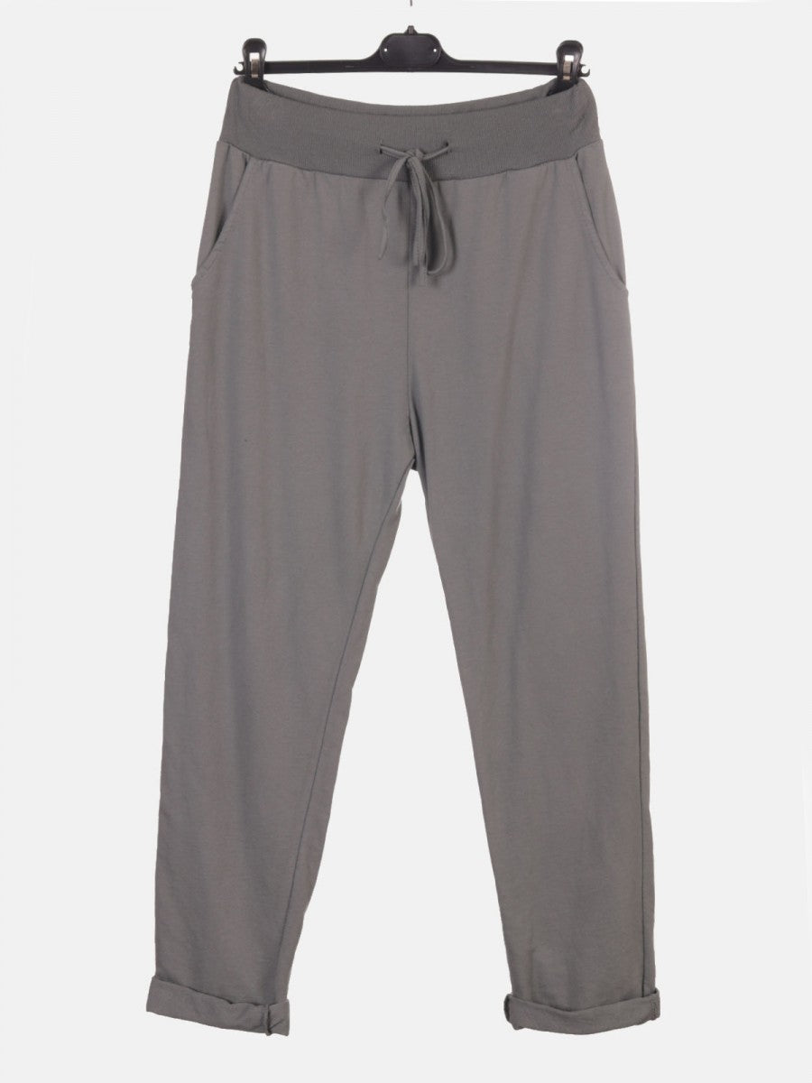 Italian Solid Color Cotton Trousers With Side Pockets -  Grey