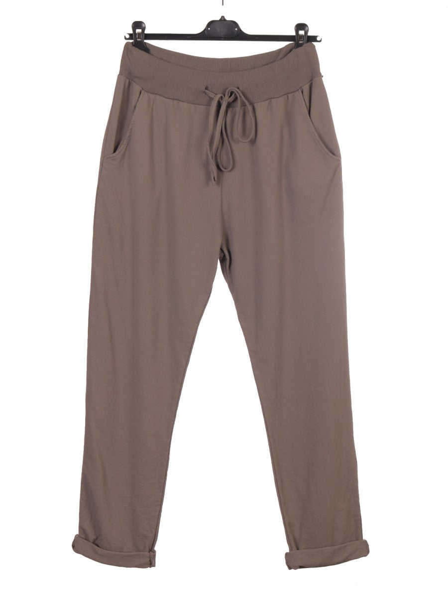 Italian Solid Color Cotton Trousers With Side Pockets -  Mocha