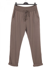 Italian Solid Color Cotton Trousers With Side Pockets -  Mocha