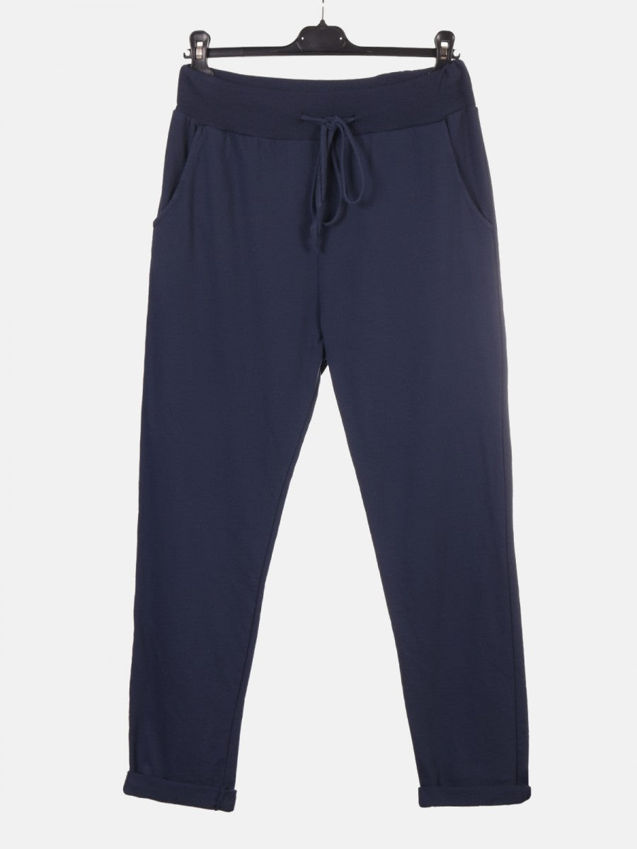 Italian Solid Color Cotton Trousers With Side Pockets -  Navy
