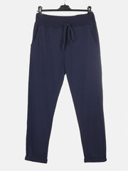 Italian Solid Color Cotton Trousers With Side Pockets -  Navy