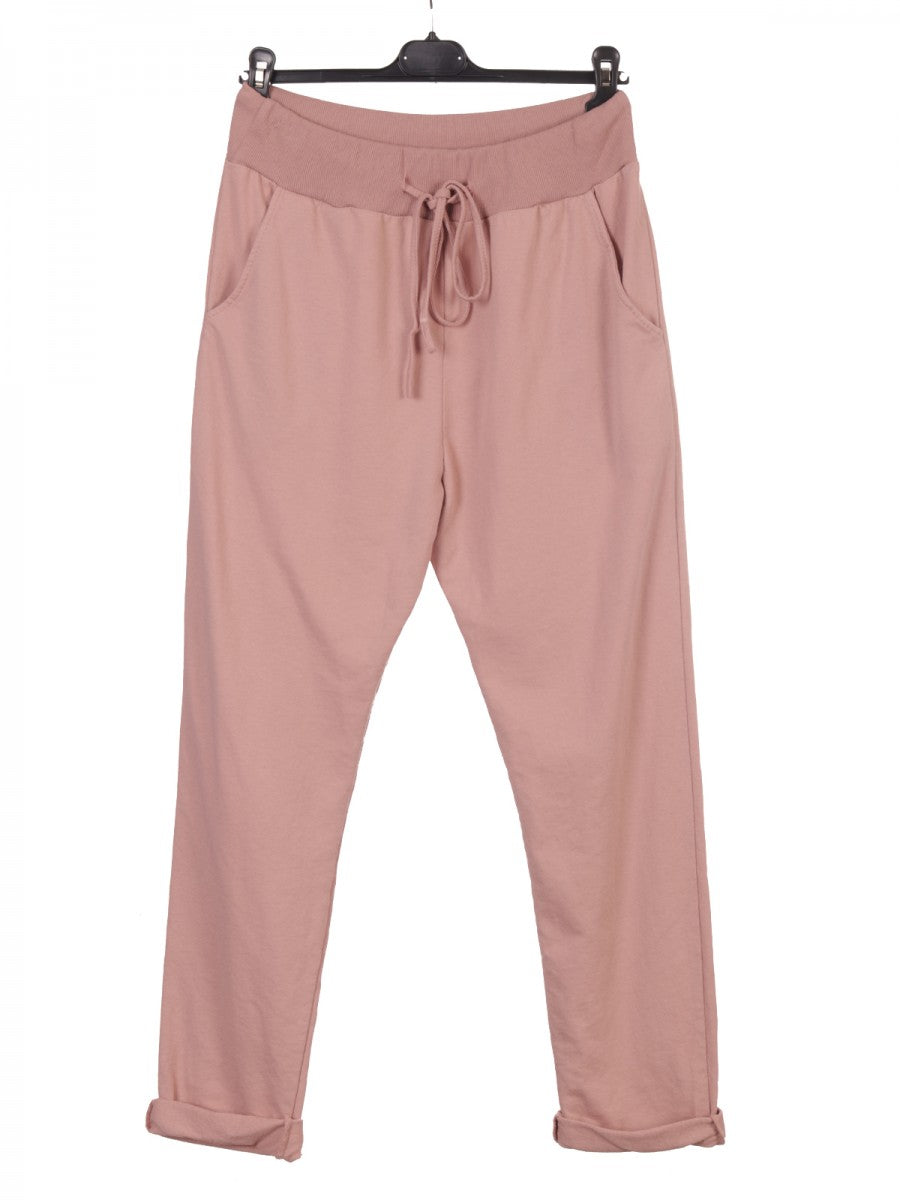 Italian Solid Color Cotton Trousers With Side Pockets -  Pink