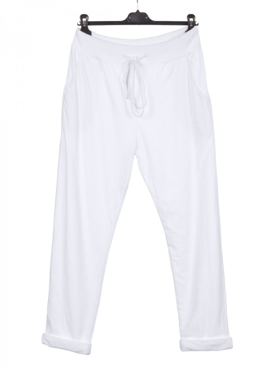 Italian Solid Color Cotton Trousers With Side Pockets -  White