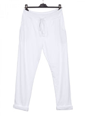 Italian Solid Color Cotton Trousers With Side Pockets -  White