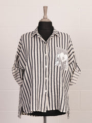 Italian Stripe Print Button Through Linen Top  - Beige